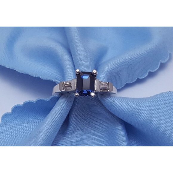 Unique 14K Solid White Gold Designer Sapphire & Baguette Diamond Ring - Size 5.5 - Picture 4 of 16